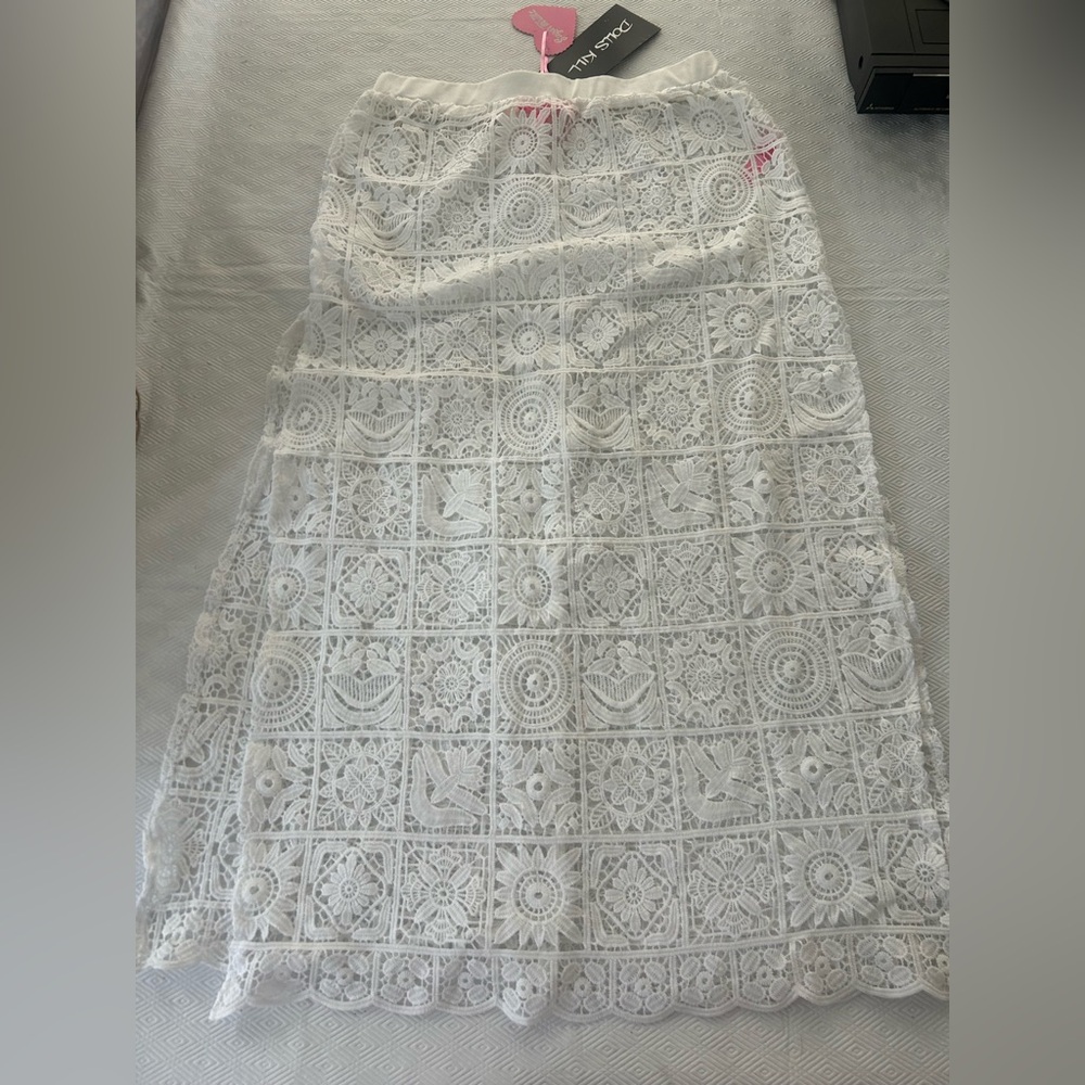 Dolls Kill Sugar Thrillz white crochet knit maxi skirt